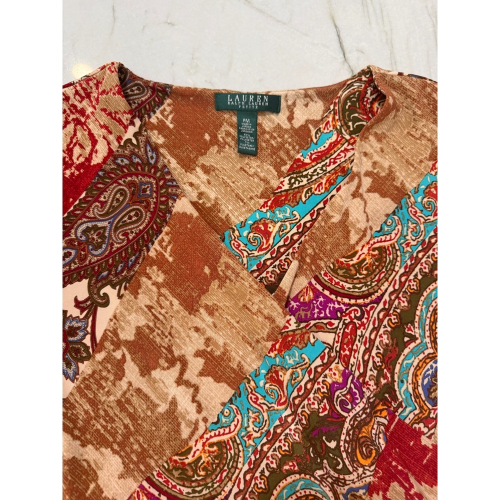 Lauren Ralph Lauren Petite Paisley Patchwork Faux Wrap Dress with Belt PM Red 71 - Picture 7 of 12